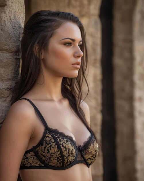 Una bellissima giovane donna con un reggiseno nero e oro