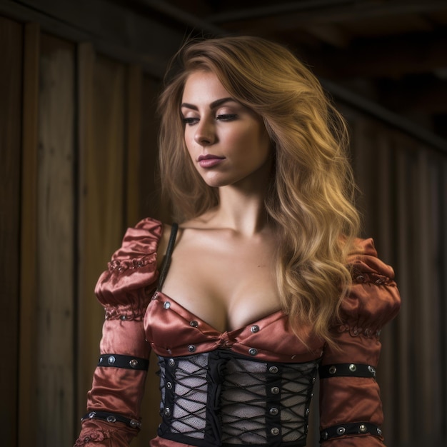 una bellissima giovane donna in corsetto e calze