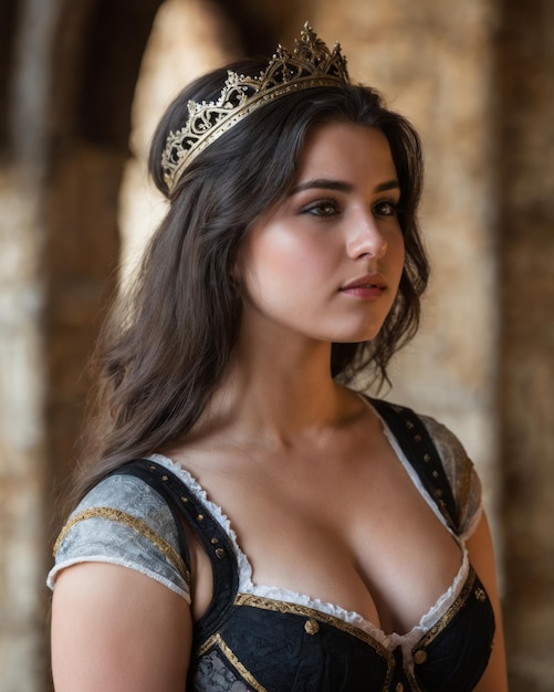 Una bellissima giovane donna in costume medievale con una corona in testa