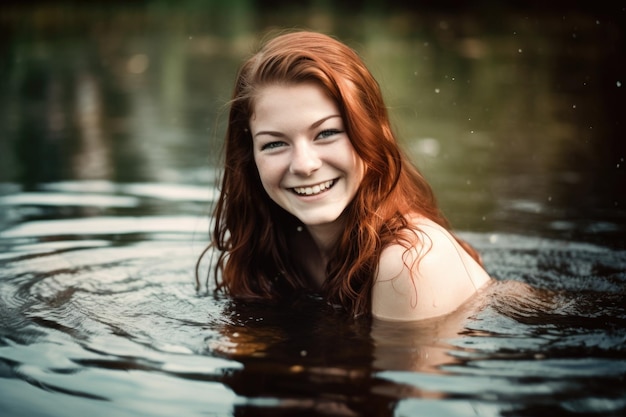Una bellissima giovane donna in piedi nell'acqua con un sorriso creato con l'IA generativa