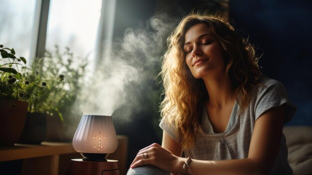 Una bellissima giovane donna si rilassa su un pullman mentre gli oli aromaterapici addolciscono l'aria nel soggiorno di casa