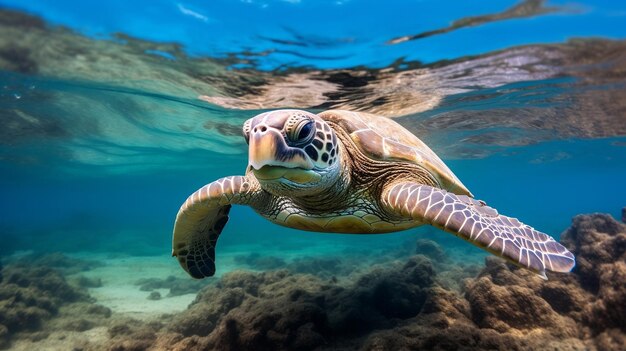 Una bellissima grande tartaruga marina che nuota pacificamente in mare