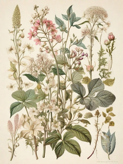 Una bellissima illustrazione botanica d'epoca raffigura una collezione di squisite piante medicinali