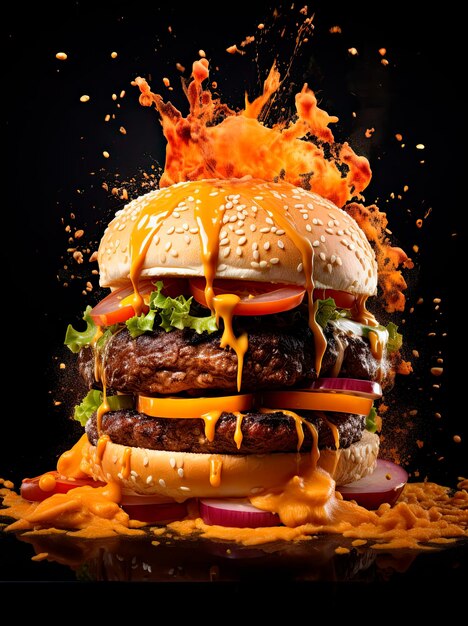 una bellissima immagine di un hamburger che esplode schizzato di salsa in stile la fotorealistico