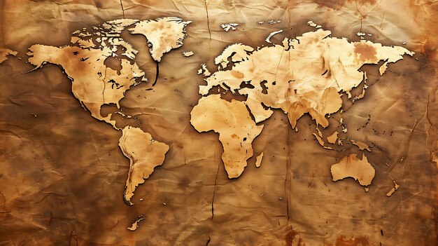 Una bellissima mappa del mondo con un tono sepia che mostra i continenti e gli oceani