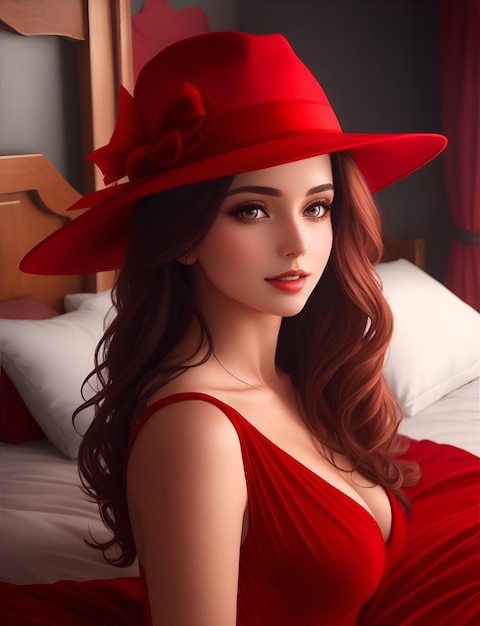 Una bellissima modella donna con un cappello e un vestito rosso