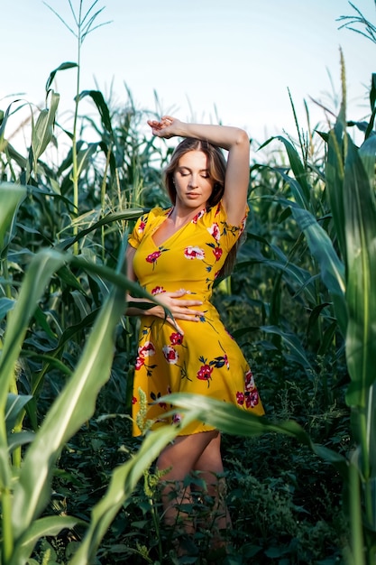 Una bellissima modella in abito giallo cammina e posa nei boschetti di un campo di mais