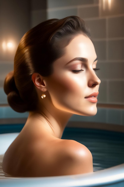 Una bellissima mora sulla trentina con i capelli corti che fa il bagno in una vasca da bagno Generative AI_11