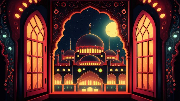 Una bellissima moschea blu Ramadan Kareem sullo sfondo del calendario islamico osservato dai musulmani di tutto il mondo