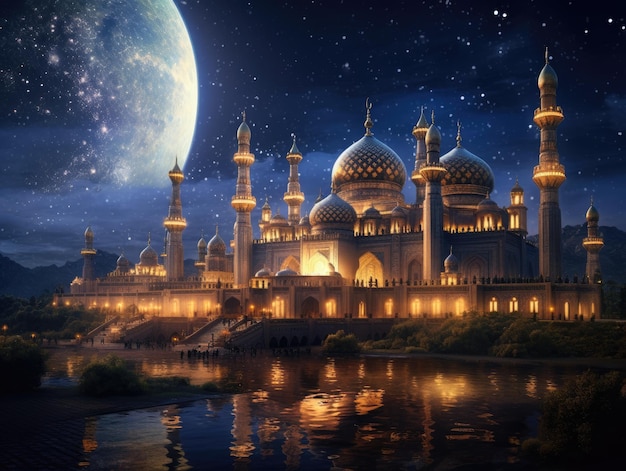 Una bellissima moschea con il miglior sfondo della luna cinematografica per eventi islamici