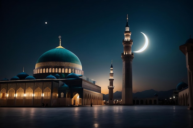 Una bellissima moschea con la luna piena sullo sfondo