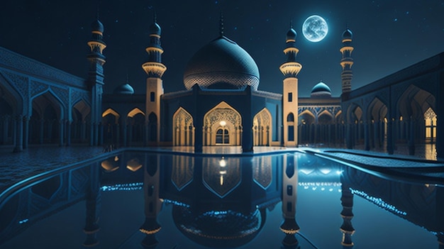 Una bellissima moschea con lo sfondo notturno