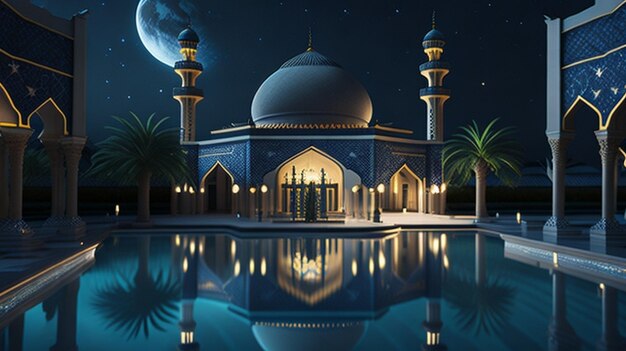 Una bellissima moschea con lo sfondo notturno