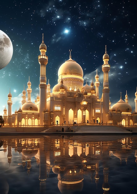 Una bellissima moschea islamica con cielo notturno stellato