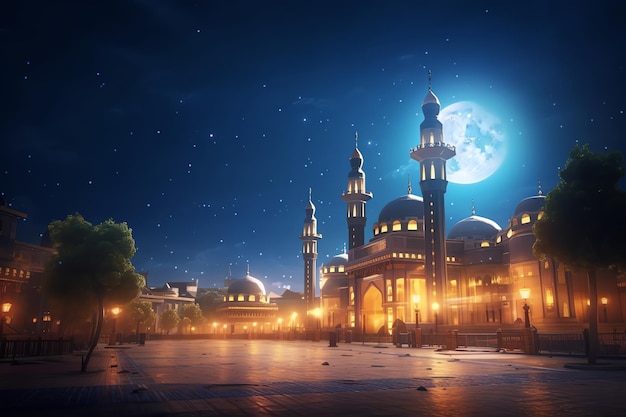 Una bellissima moschea islamica in una notte stellata