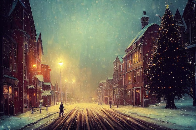 Una bellissima opera d'arte digitale di Snowy street con alberi di Natale e luci in stile arte digitale illustrazione pittura