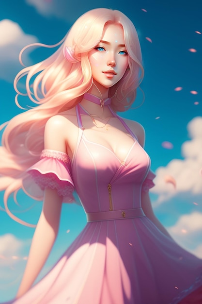 Una bellissima ragazza anime, lunghi capelli biondi ondulati, occhi azzurri, sorriso corto, vestito rosa, parasole