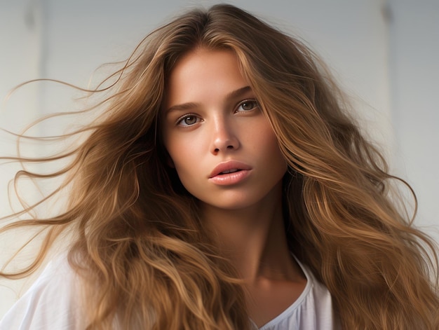 Una bellissima ragazza con un viso naturale e capelli lunghi che brillano di una luce soffusa con un sorriso caldo