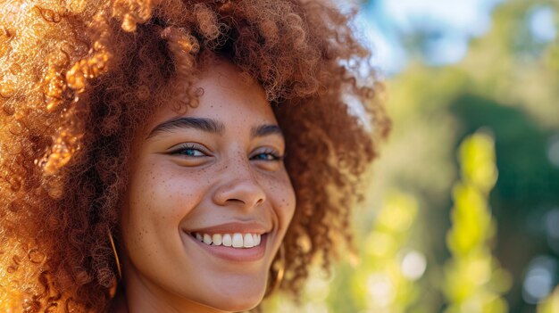 Una bellissima ragazza dai capelli ricci che sorride e assapora il clima.