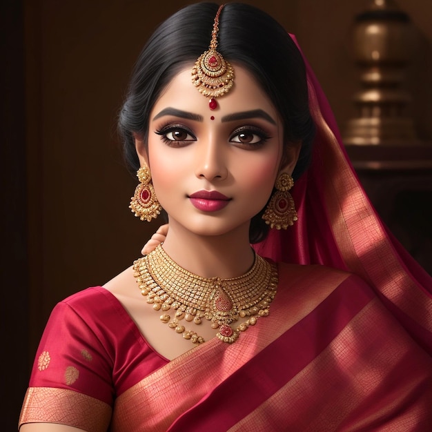 Una bellissima ragazza di etnia indiana che indossa un saree tradizionale