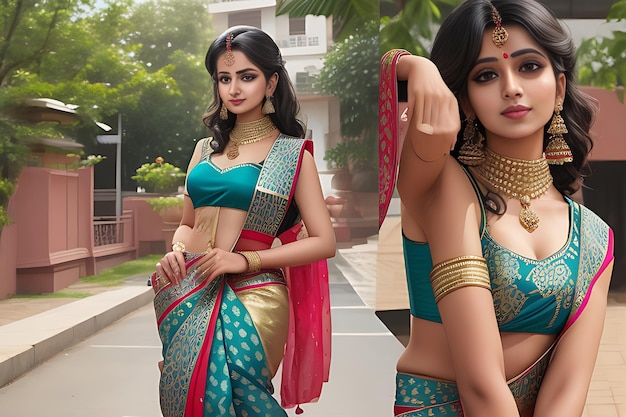 Una bellissima ragazza di etnia indiana che indossa un saree tradizionale