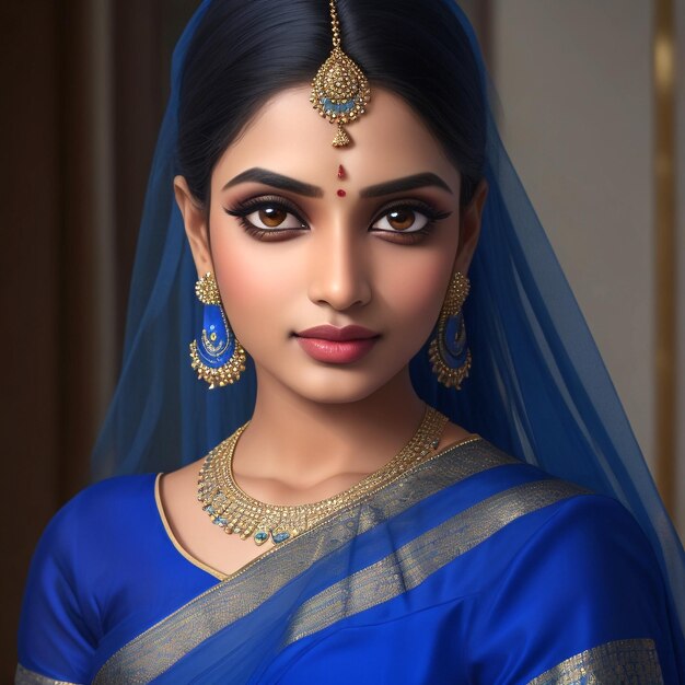 Una bellissima ragazza di etnia indiana che indossa un tradizionale saree di colore blu