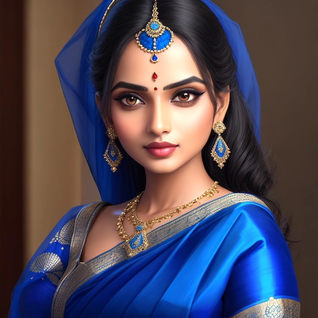 Una bellissima ragazza di etnia indiana che indossa un tradizionale saree di colore blu