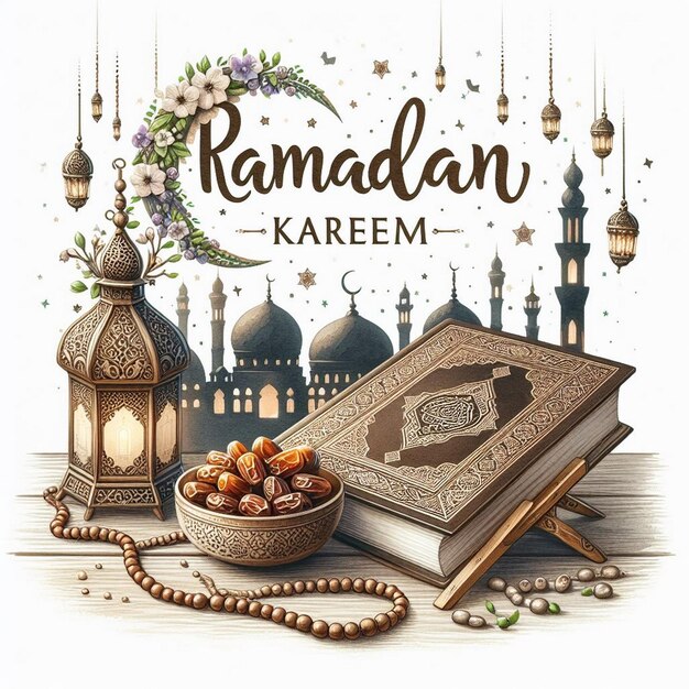 Una bellissima rappresentazione artistica ad acquerello associata al mese sacro del Ramadan Kareem