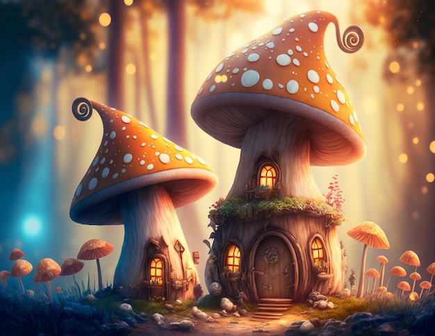 una bellissima scena fantasy con casette e funghi nello stile di vibranti incubi