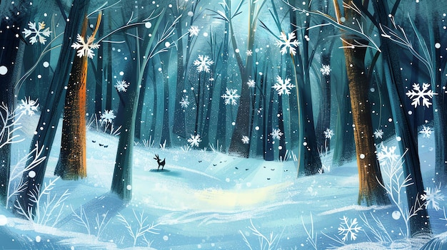 Una bellissima scena invernale di una foresta coperta di neve con un cervo in piedi al centro gli alberi sono nudi e la neve sta cadendo pesantemente