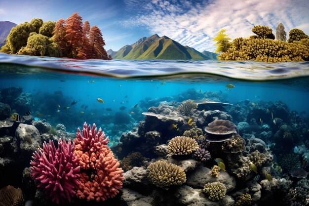 Una bellissima scena sottomarina con una varietà di pesci e coralli colorati