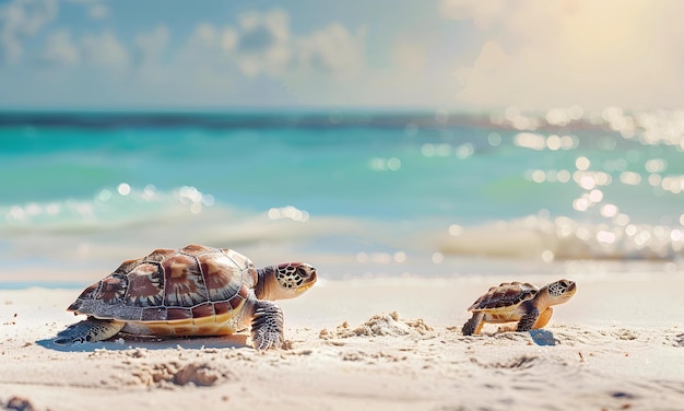 Una bellissima spiaggia di sabbia bianca e acque turchesi con una famiglia di tartarughe