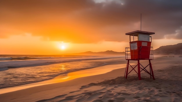 Una bellissima spiaggia di sabbia tropicale con il tramonto dell'ora d'oro serale e la torre di guardia in diretta cielo nuvoloso scogliera di montagna sullo sfondo buono per lo sfondo e gli sfondi spiaggia estiva