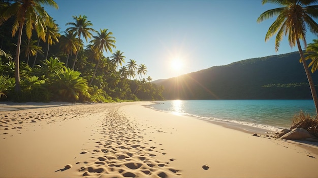 Una bellissima spiaggia paradisiaca tropicale con sabbia bianca e palme in una soleggiata giornata estiva