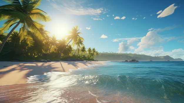 Una bellissima spiaggia tropicale con palme e acque blu cristalline