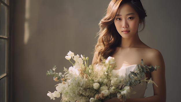 una bellissima sposa asiatica in abito bianco che culla un bouquet di eucalipto e fiori bianchi