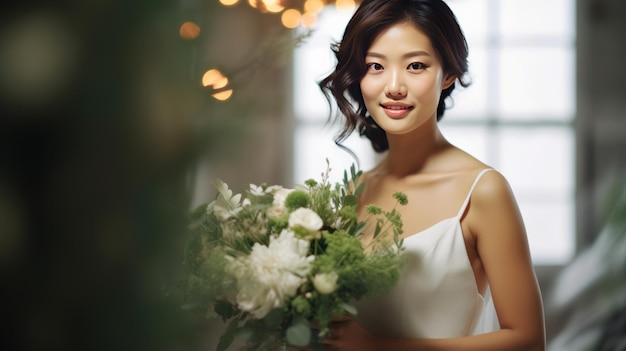 una bellissima sposa asiatica in abito bianco che culla un bouquet di eucalipto e fiori bianchi