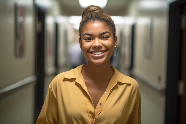 Una bellissima studentessa che sorride alla telecamera mentre si trova in un corridoio creato con l'IA generativa