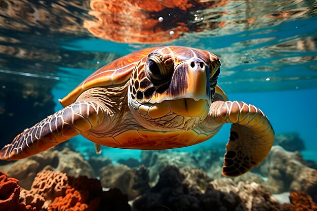 Una bellissima tartaruga marina nuota nelle profondità del mare
