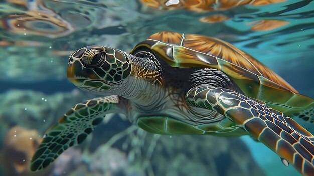 Una bellissima tartaruga marina scivola graziosamente attraverso l'acqua cristallina il suo vibrante guscio verde scintilla alla luce del sole