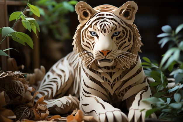 Una bellissima tigre seduta a terra realizzata con carta in stile origami o kirigami artigianato giapponese