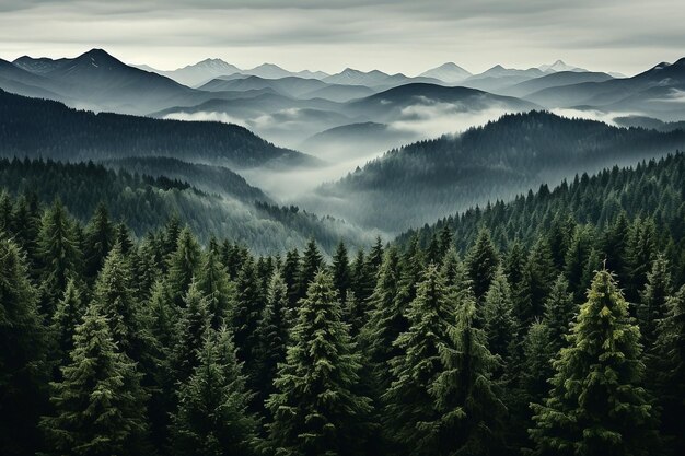 Una bellissima vista dall'alto degli alberi sempreverdi della foresta dalla cima delle cime della foresta di pini