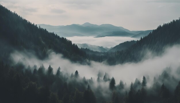 Una bellissima vista del paesaggio della foresta di montagna nebbiosa