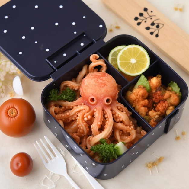 Una bento box con sopra un polpo e accanto una forchetta.