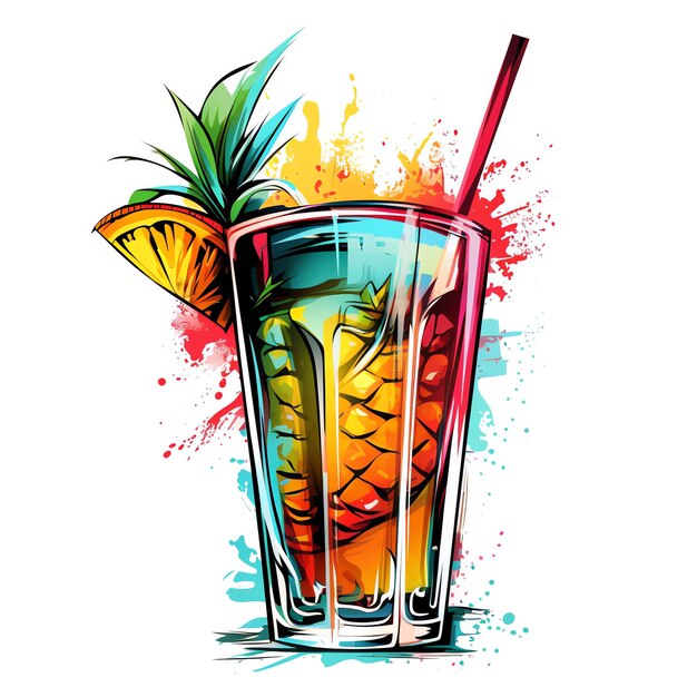 Una bevanda colorata con un ananas e una cannuccia