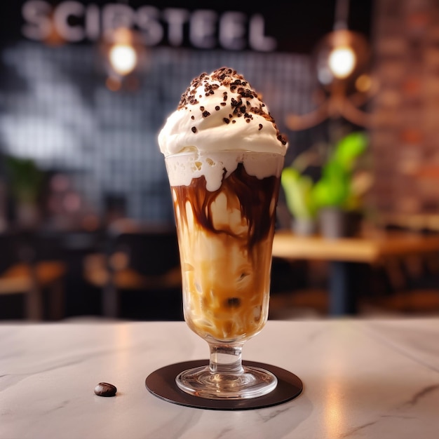 Una bevanda con panna montata e topping al cioccolato si trova su un bancone.