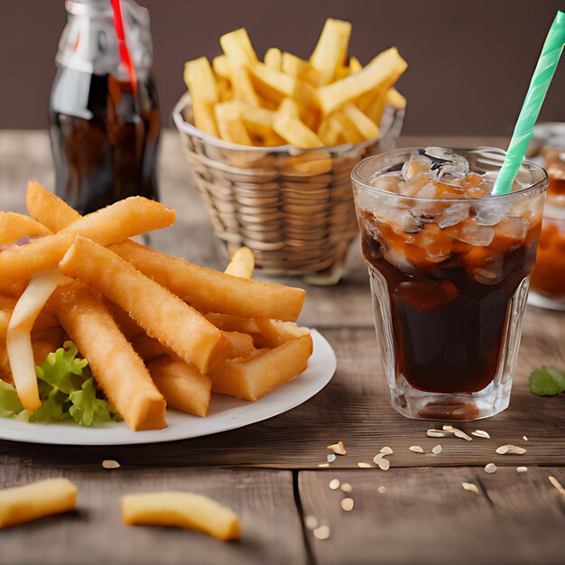 una bevanda e una bottiglia di soda su un tavolo con una cannuccia