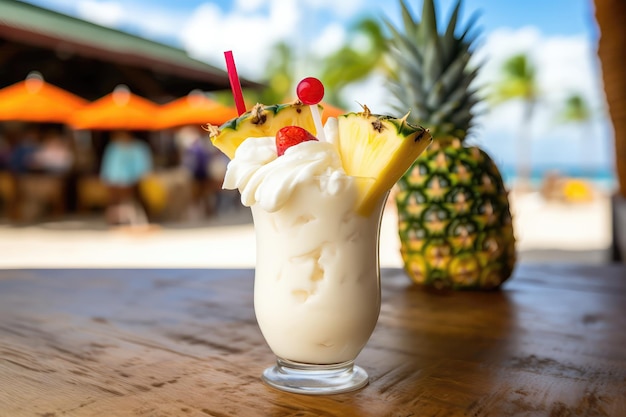 Una bevanda tropicale con ananas e panna montata