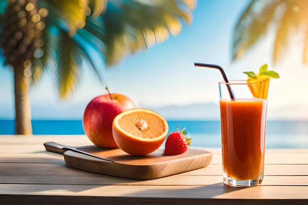 Una bevanda tropicale con frutta e fragole su un tavolo.