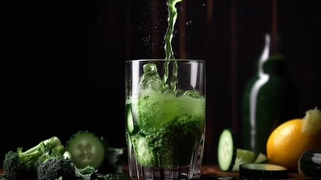 Una bevanda verde con sopra il cetriolo viene versata in un bicchiere.